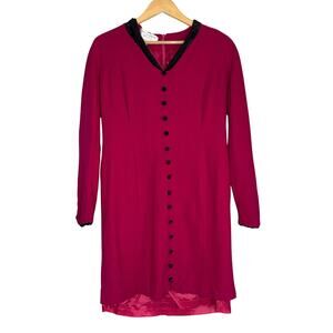Vintage 80s Pink Black Structured Power Dress Button Up Velvet Trim Womens 12